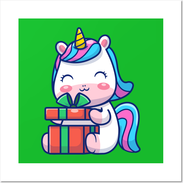 Cute Unicorn Holding Gift Cartoon Wall Art by Catalyst Labs